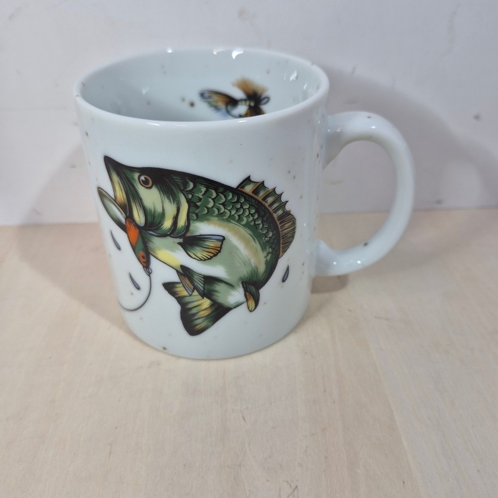 Department 56 Lake Bass Fishing Mug Speckled Ceramic Made in Japan Vintage Cup